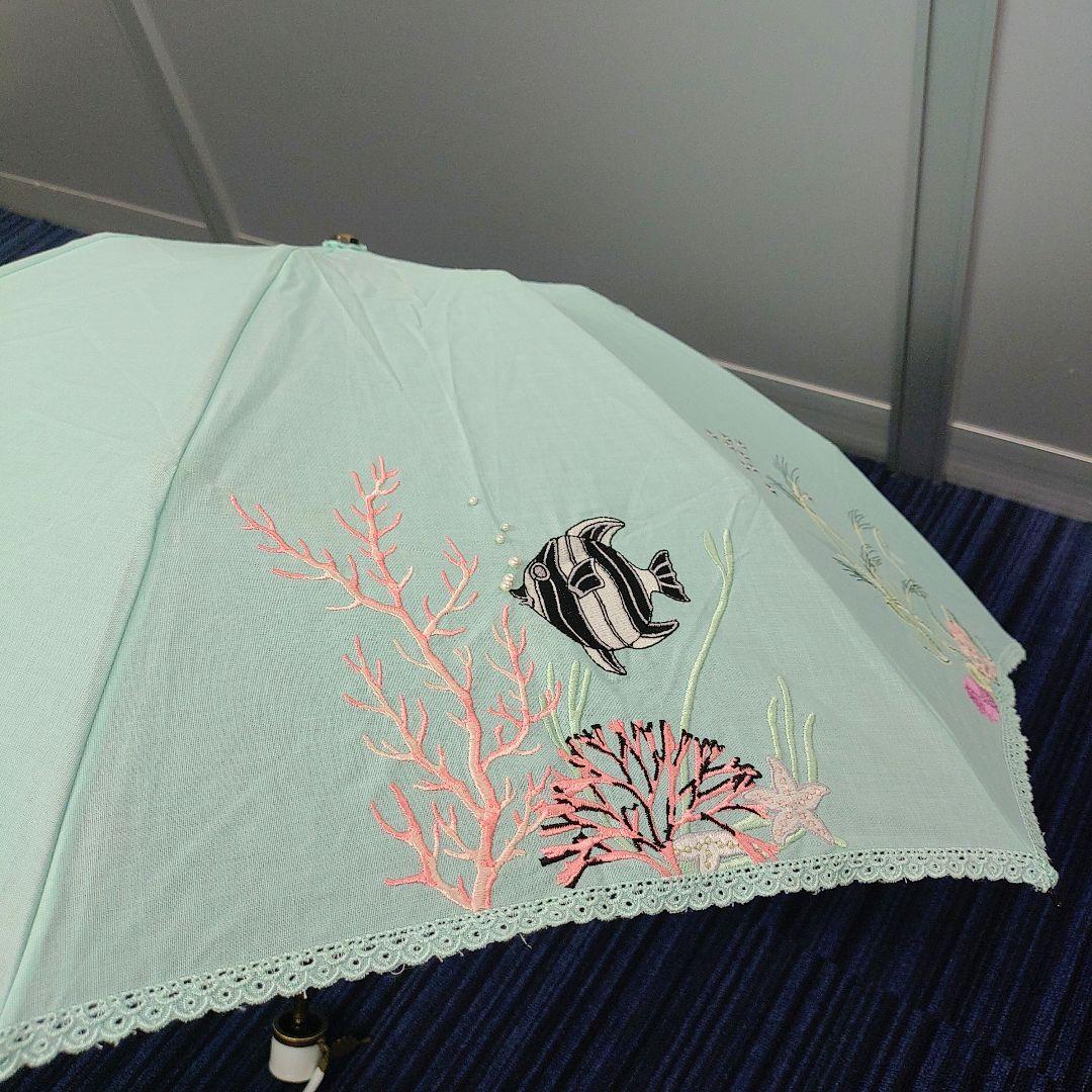 ルルギネス 折りたたみ 刺繍 日傘 エメラルドグリーン