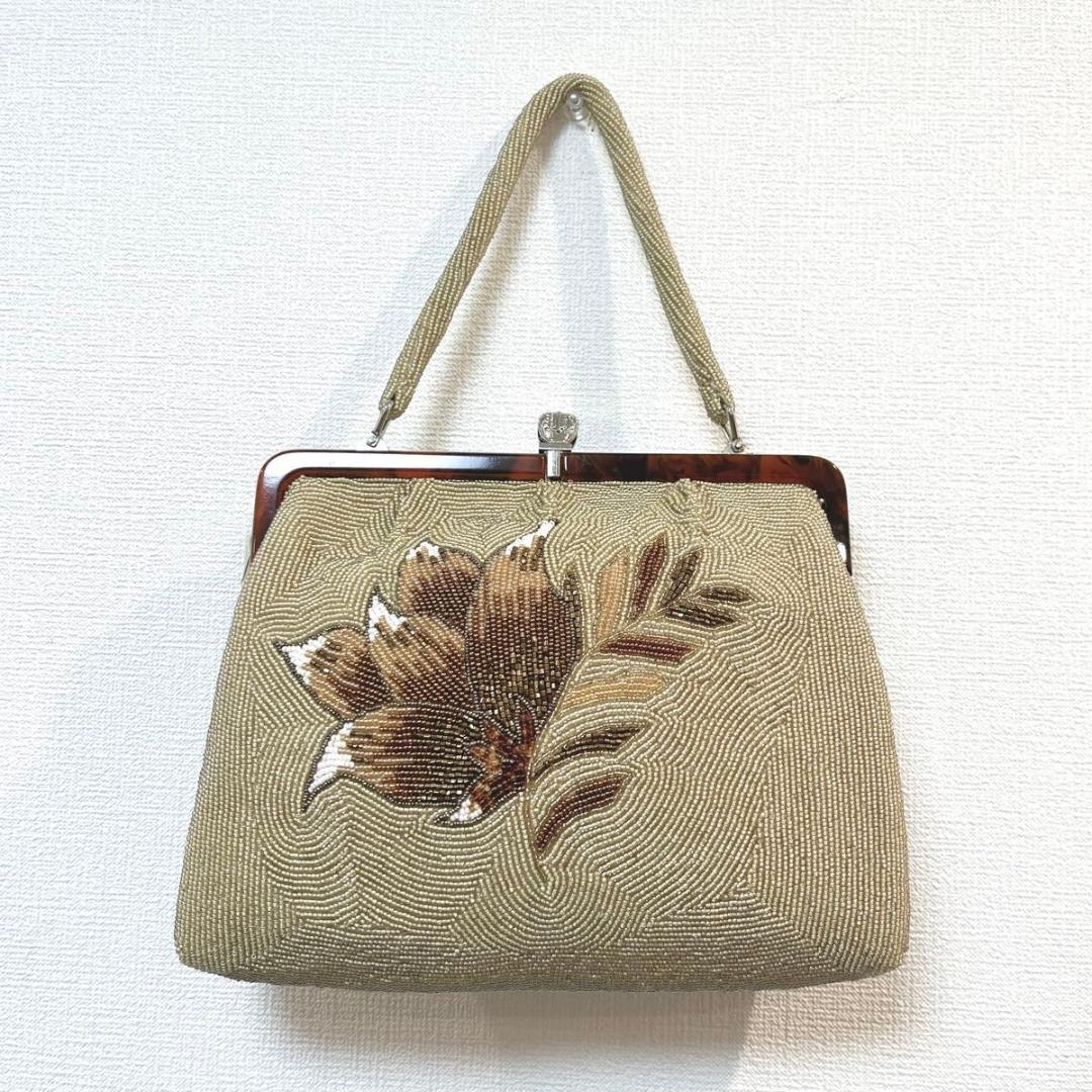 【美品】花柄 総ビーズ刺繍 べっ甲フレーム がま口 ハンドバッグ パーティ