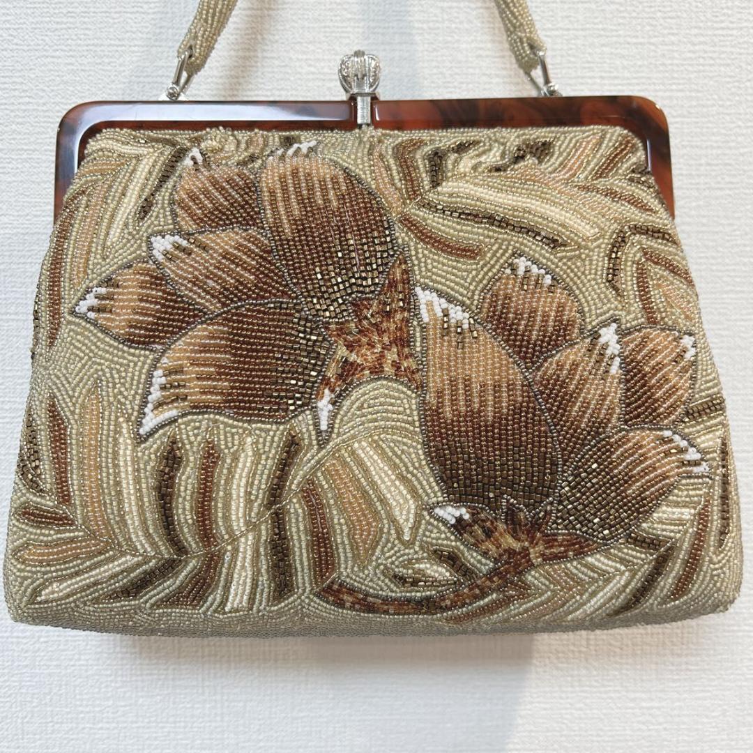 【美品】花柄 総ビーズ刺繍 べっ甲フレーム がま口 ハンドバッグ パーティ