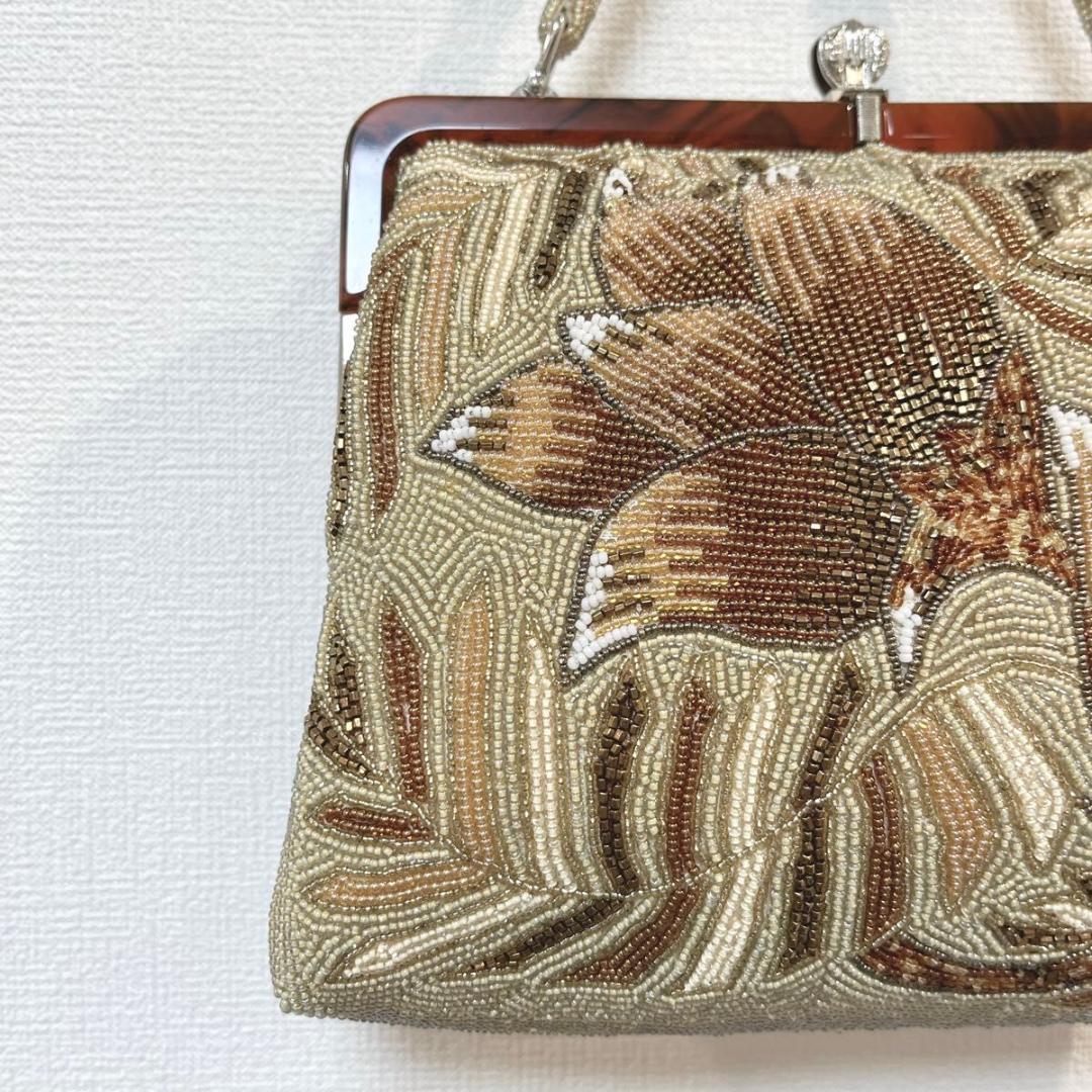 【美品】花柄 総ビーズ刺繍 べっ甲フレーム がま口 ハンドバッグ パーティ