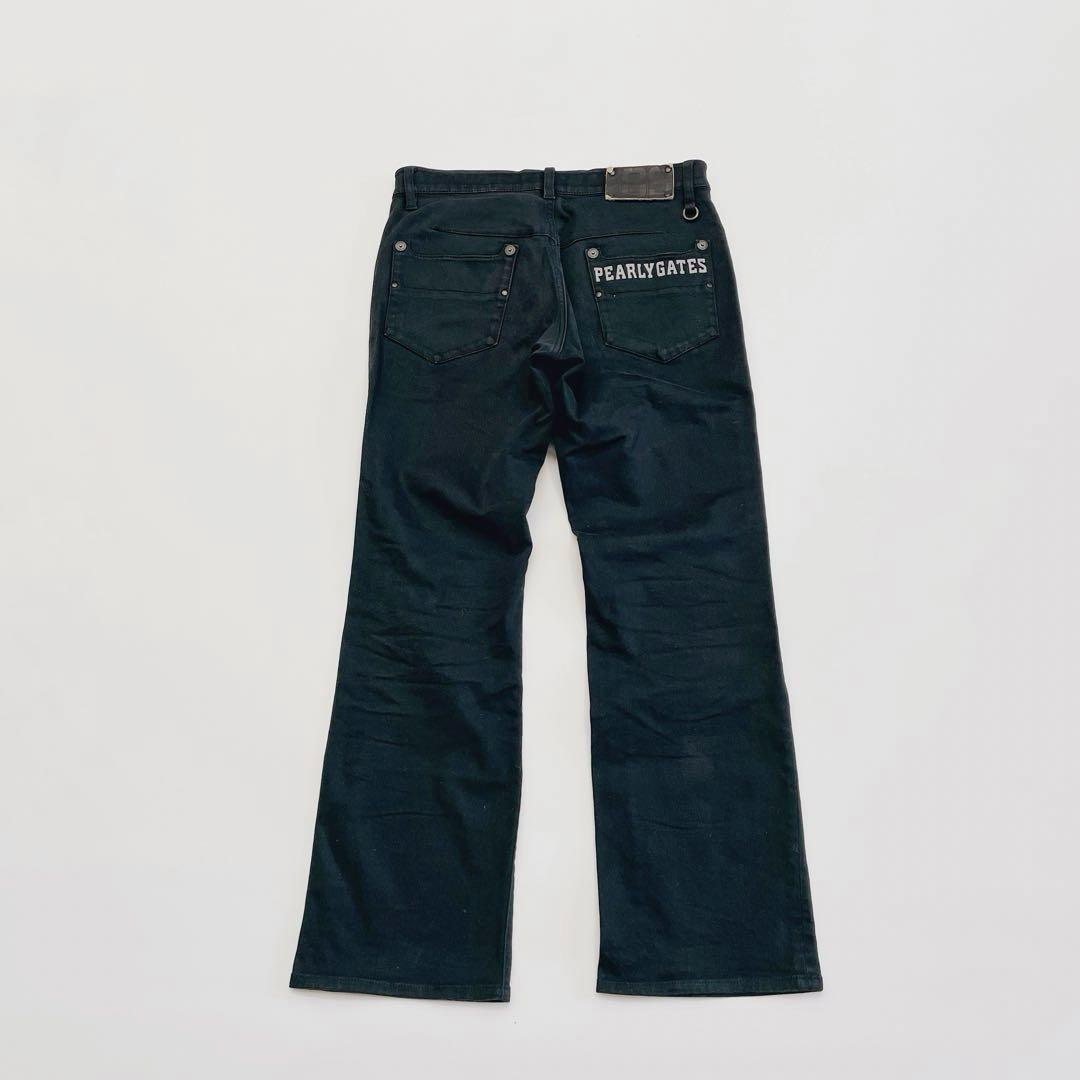 パーリーゲイツ ロングパンツ 5/L ブラック 革パッチ　バックロゴ　通年
