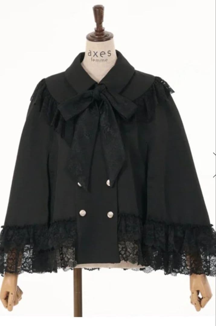 【新品タグ付】axes femme『リボン付レースフリルコート』Fサイズ　黒色