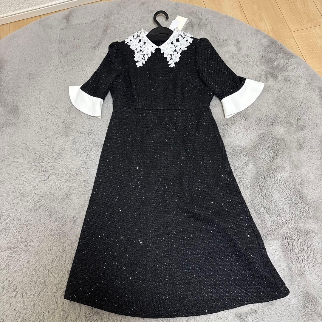 【LEJA】花柄レースカラースパンコール刺繍Aラインフレアドレスワンピース