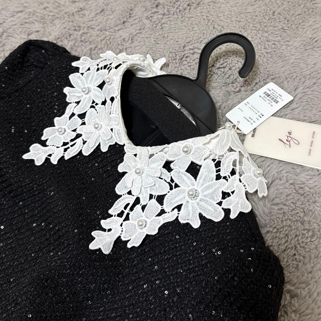 【LEJA】花柄レースカラースパンコール刺繍Aラインフレアドレスワンピース