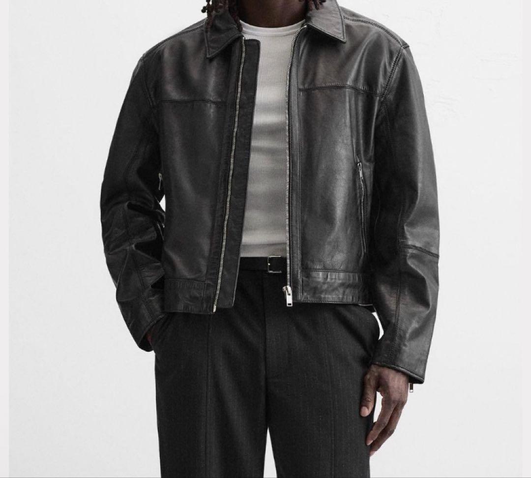 新品■ZARA リアルレザージャケット ボクシーフィット牛革 ブラック 黒