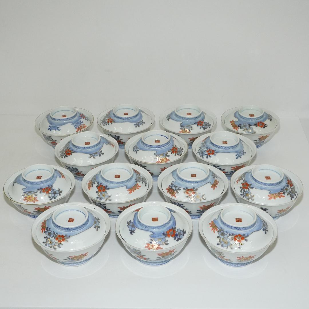 古伊万里　蓋付 飯 茶碗　14客 染付金彩木箱入り