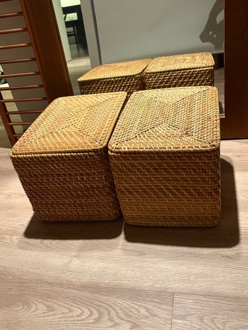 無印良品/重なるラタン長方形バスケットふた付き大×2個・中×3個セット