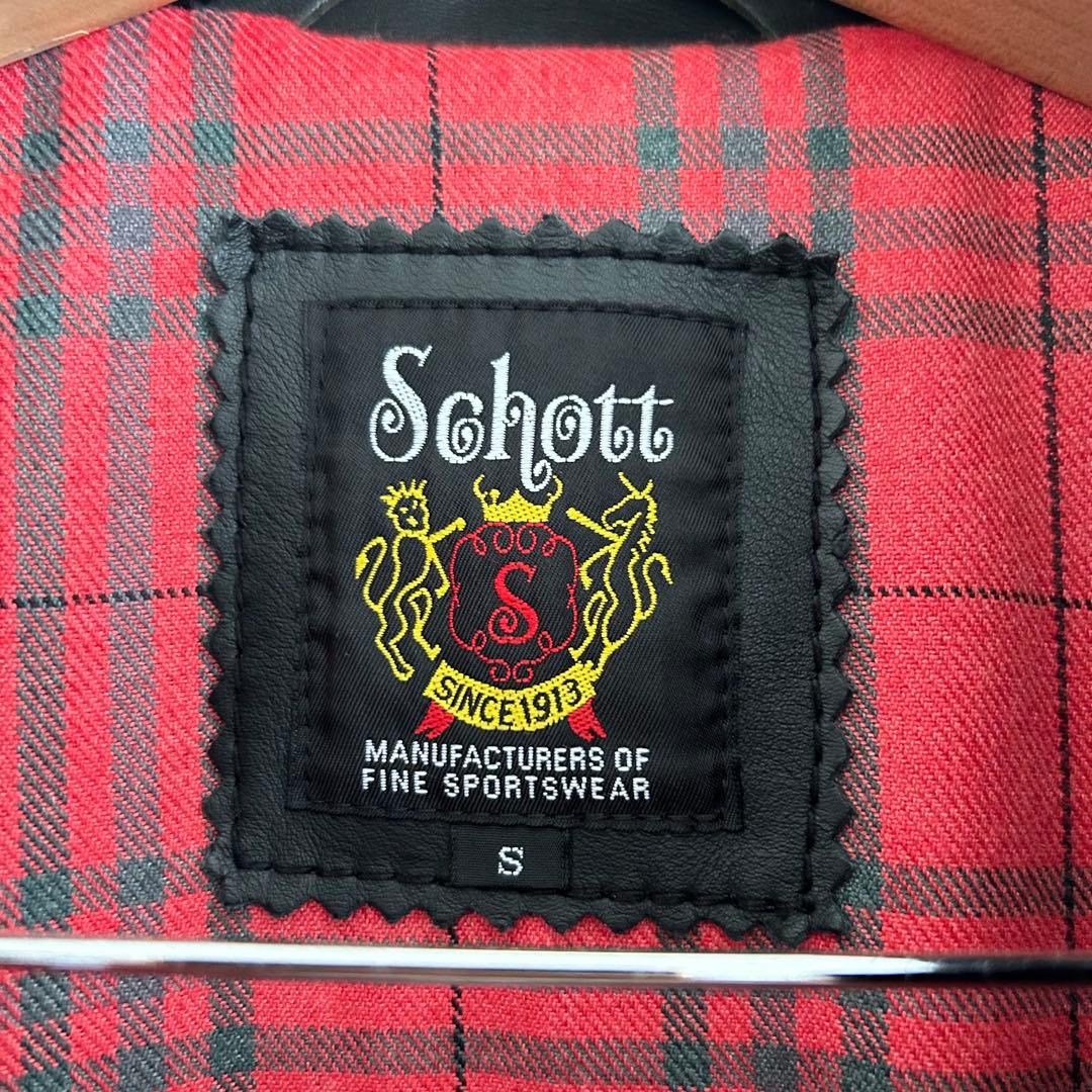 ●Schott ブラックレザーライダースジャケット チェック柄 牛革