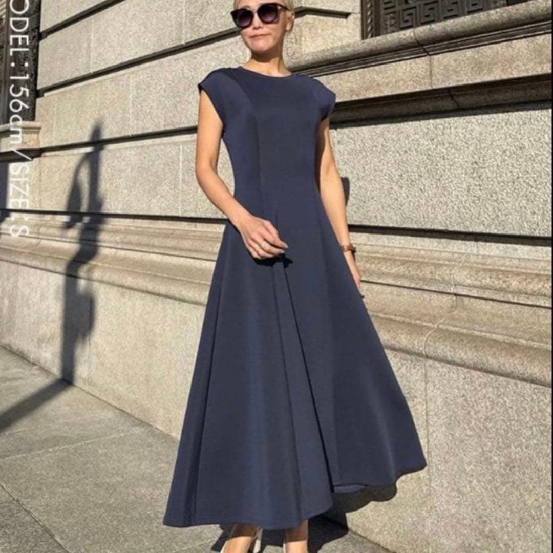 JENNE フレンチ　美シルエット　とろみワンピース　ロング　紺　S
