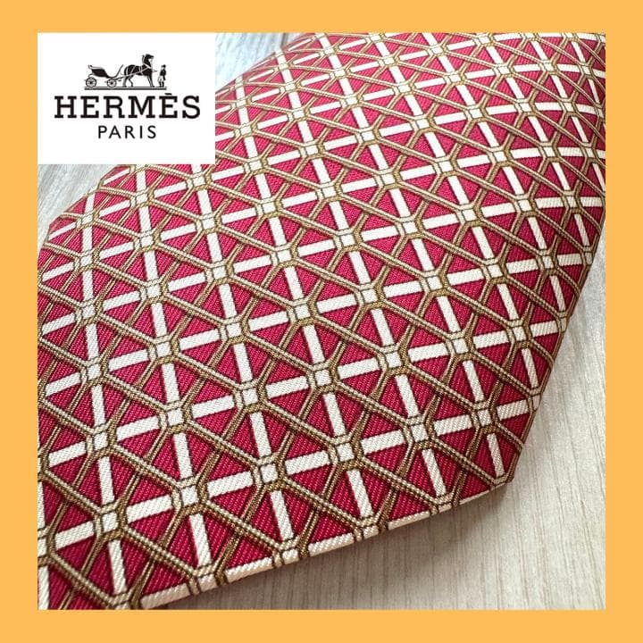 極美品　HERMES ネクタイ　ブランド　赤　金　エルメス　クラシック