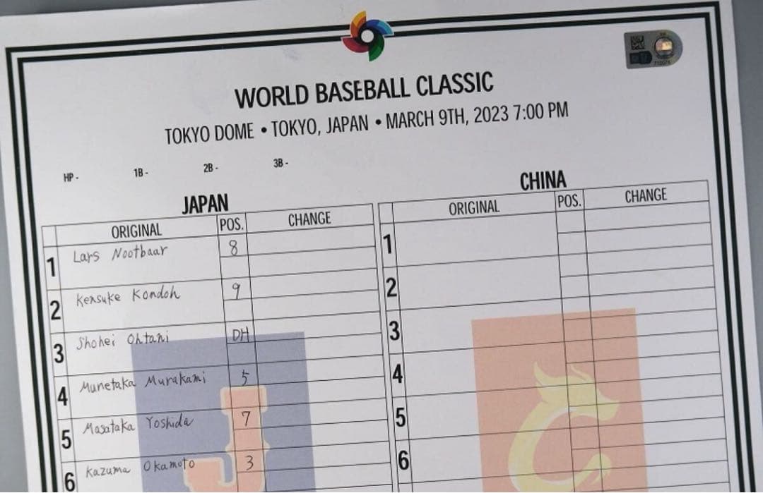 大谷翔平 初二刀流試合！栗山英樹直筆サイン 23年WBC実使用ラインナップカード
