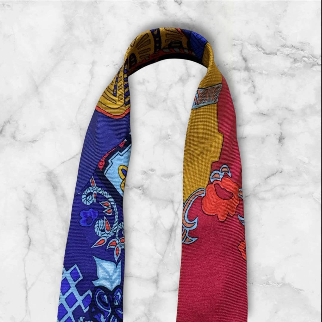【美品】HERMES スカーフ柄　ネクタイ　青　赤　黄色　ネイビー
