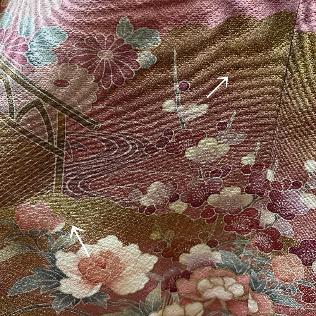 着物リメイク　色留　ロングワンピース　梅　ピンク