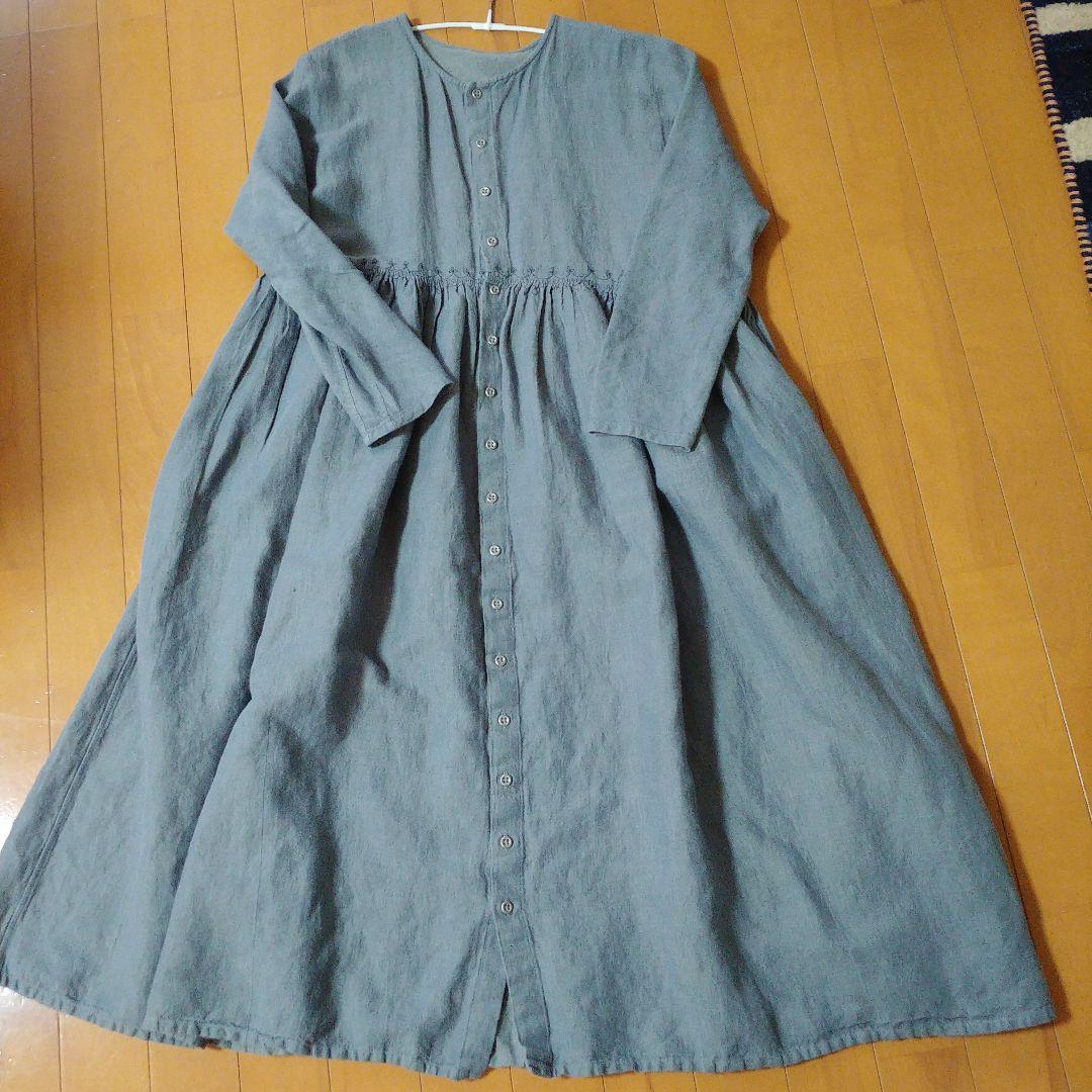 ババグーリ　ブルーグレー　刺繍ワンピース　リネンコットンＬサイズ