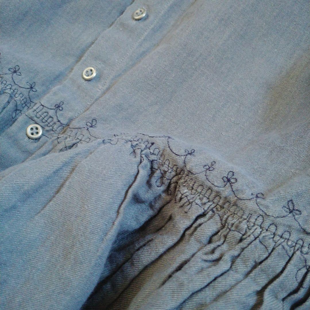 ババグーリ　ブルーグレー　刺繍ワンピース　リネンコットンＬサイズ