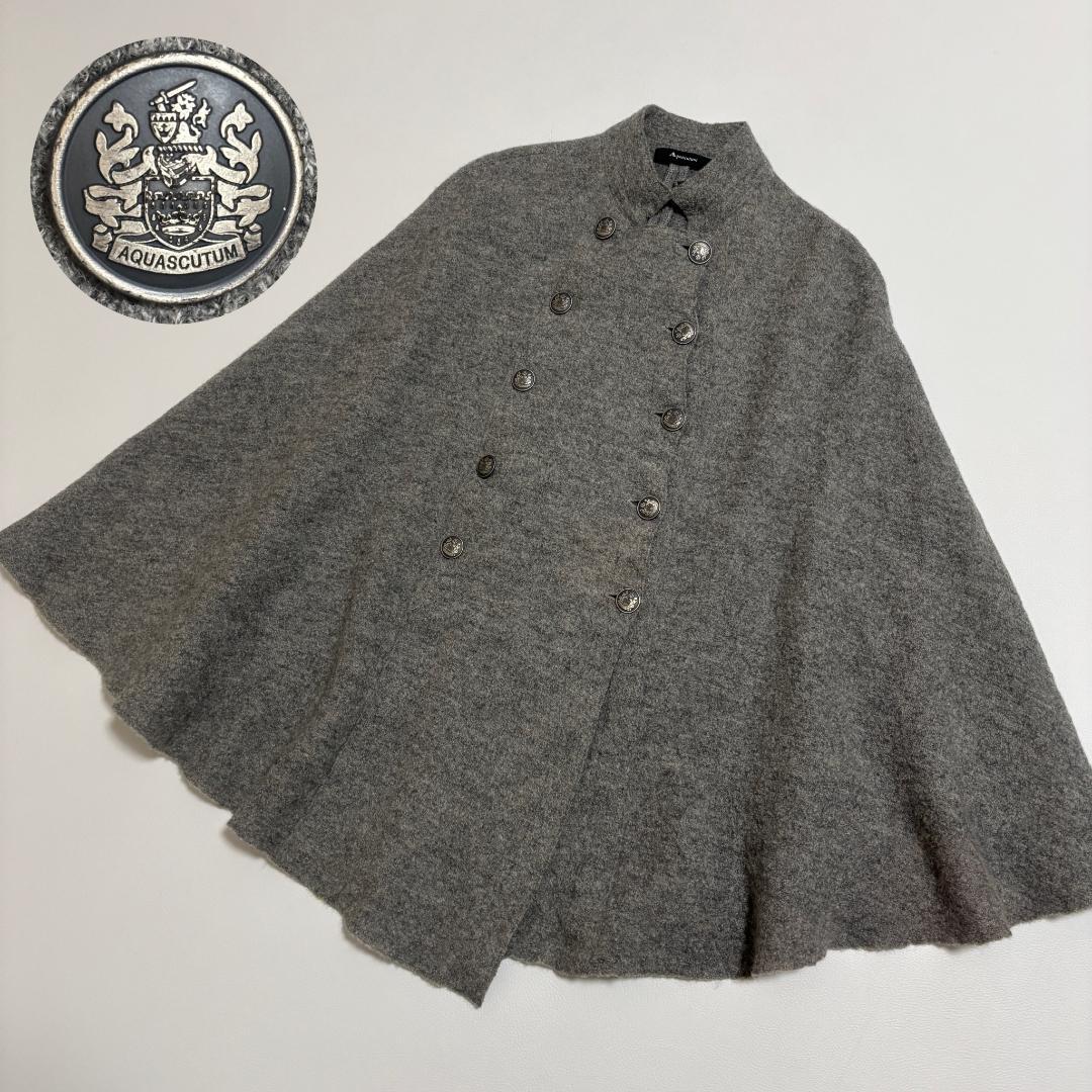 Aquascutum ウールケープ ポンチョ ロゴボタン ダブル ウール グレー