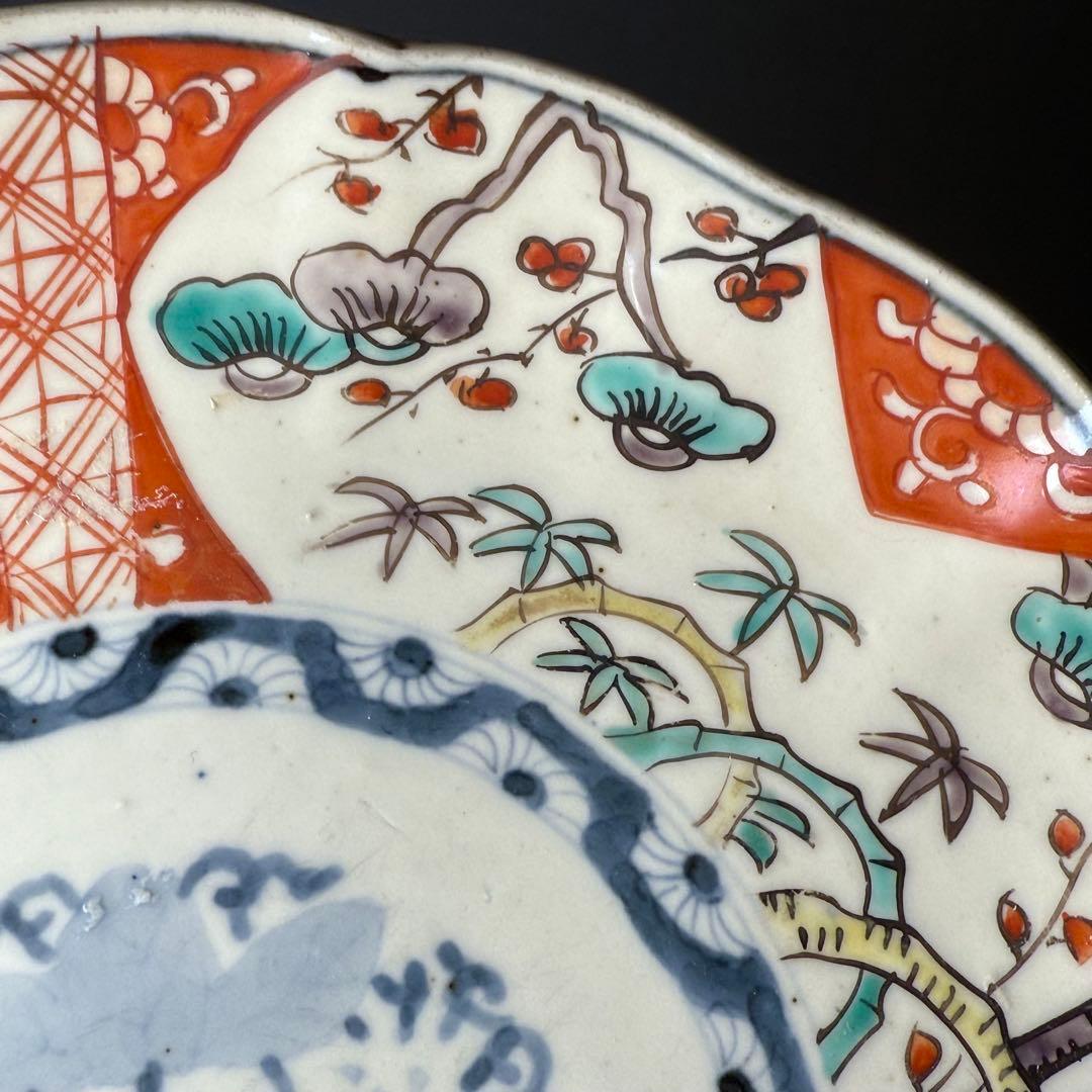 古伊万里　赤絵三方松竹梅文様七寸皿　五枚　桐花文　21cm　古民家カフェ　料理屋
