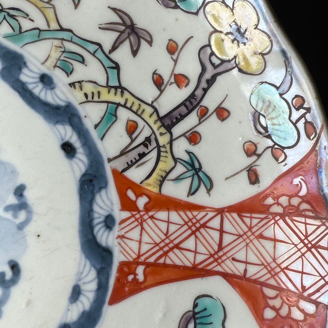 古伊万里　赤絵三方松竹梅文様七寸皿　五枚　桐花文　21cm　古民家カフェ　料理屋