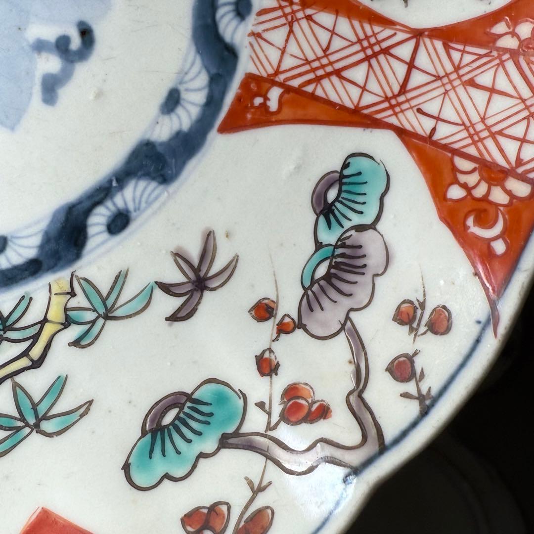 古伊万里　赤絵三方松竹梅文様七寸皿　五枚　桐花文　21cm　古民家カフェ　料理屋