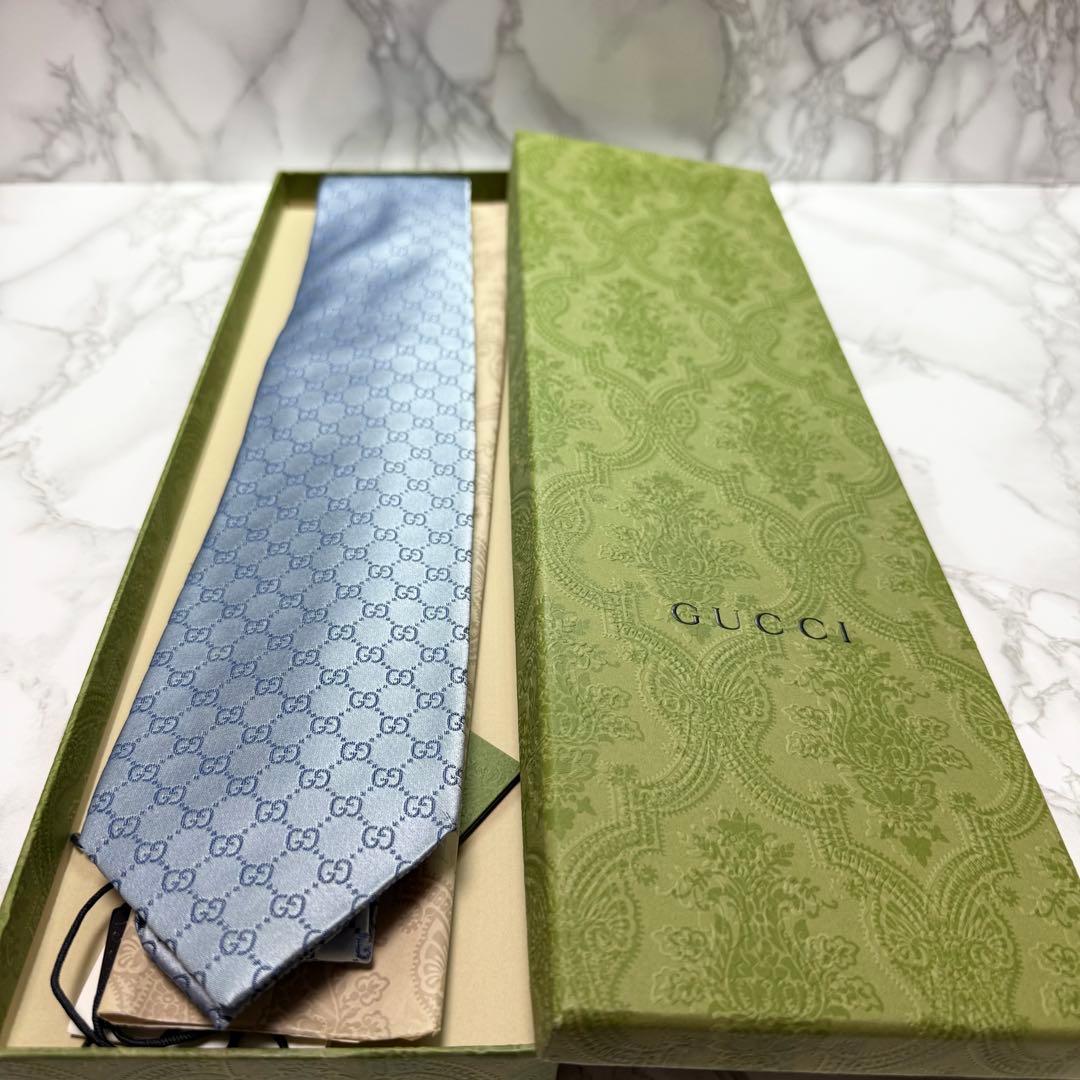 ✨美品✨ 旧タグ GUCCI ネクタイ シルク100% GG柄 ツヤ 水色