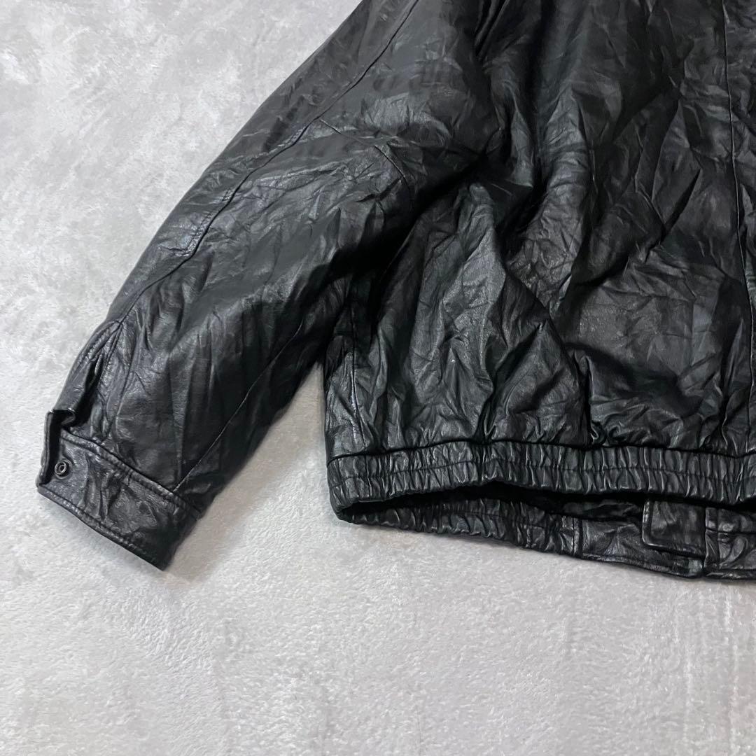 レザーフルジップジャケット　ブラック短丈　ボックスシルエットXXL 光沢激シブ