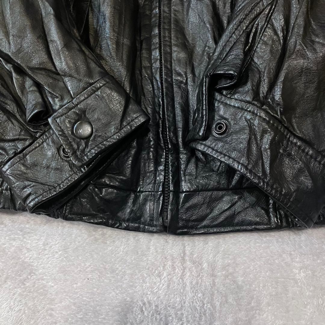 レザーフルジップジャケット　ブラック短丈　ボックスシルエットXXL 光沢激シブ