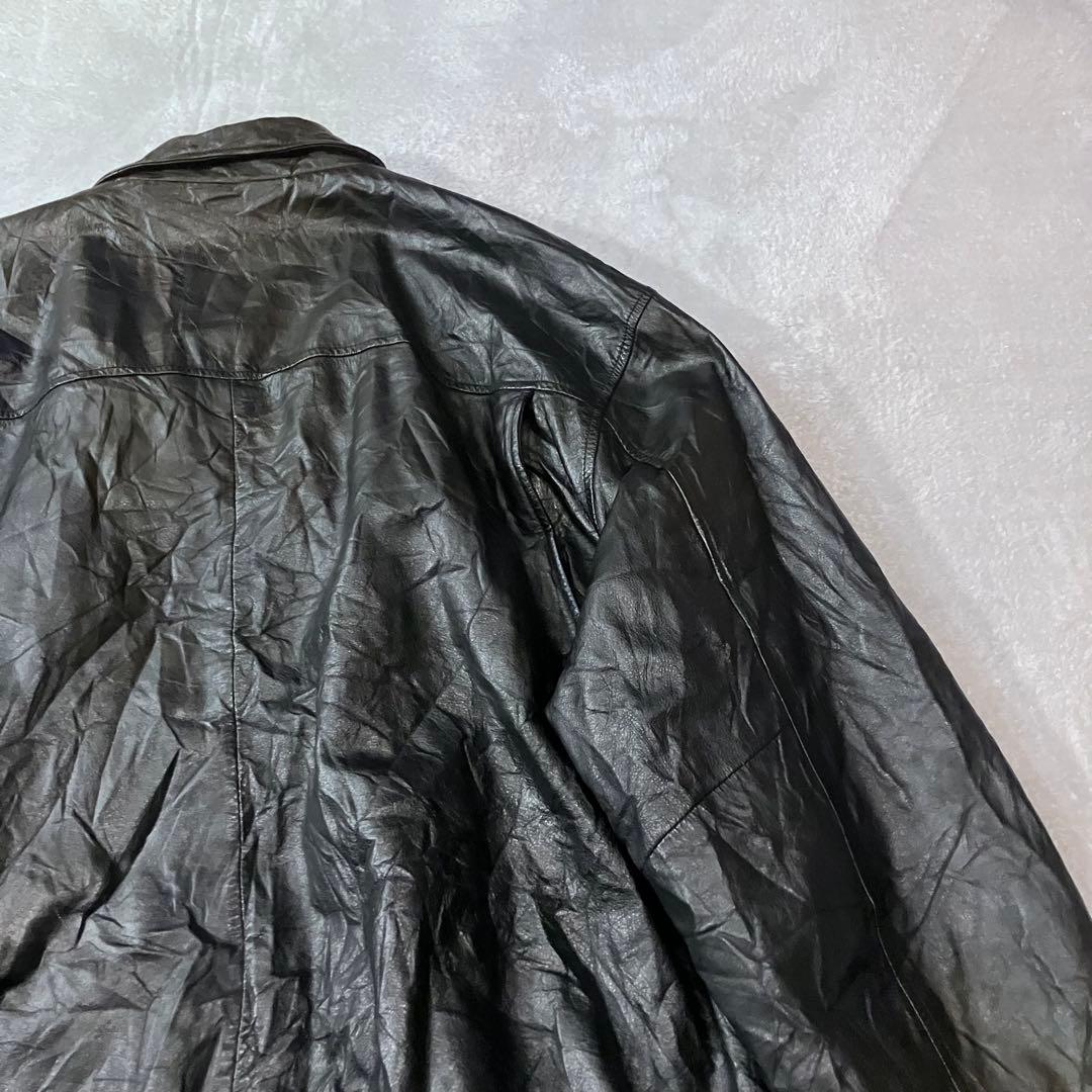 レザーフルジップジャケット　ブラック短丈　ボックスシルエットXXL 光沢激シブ