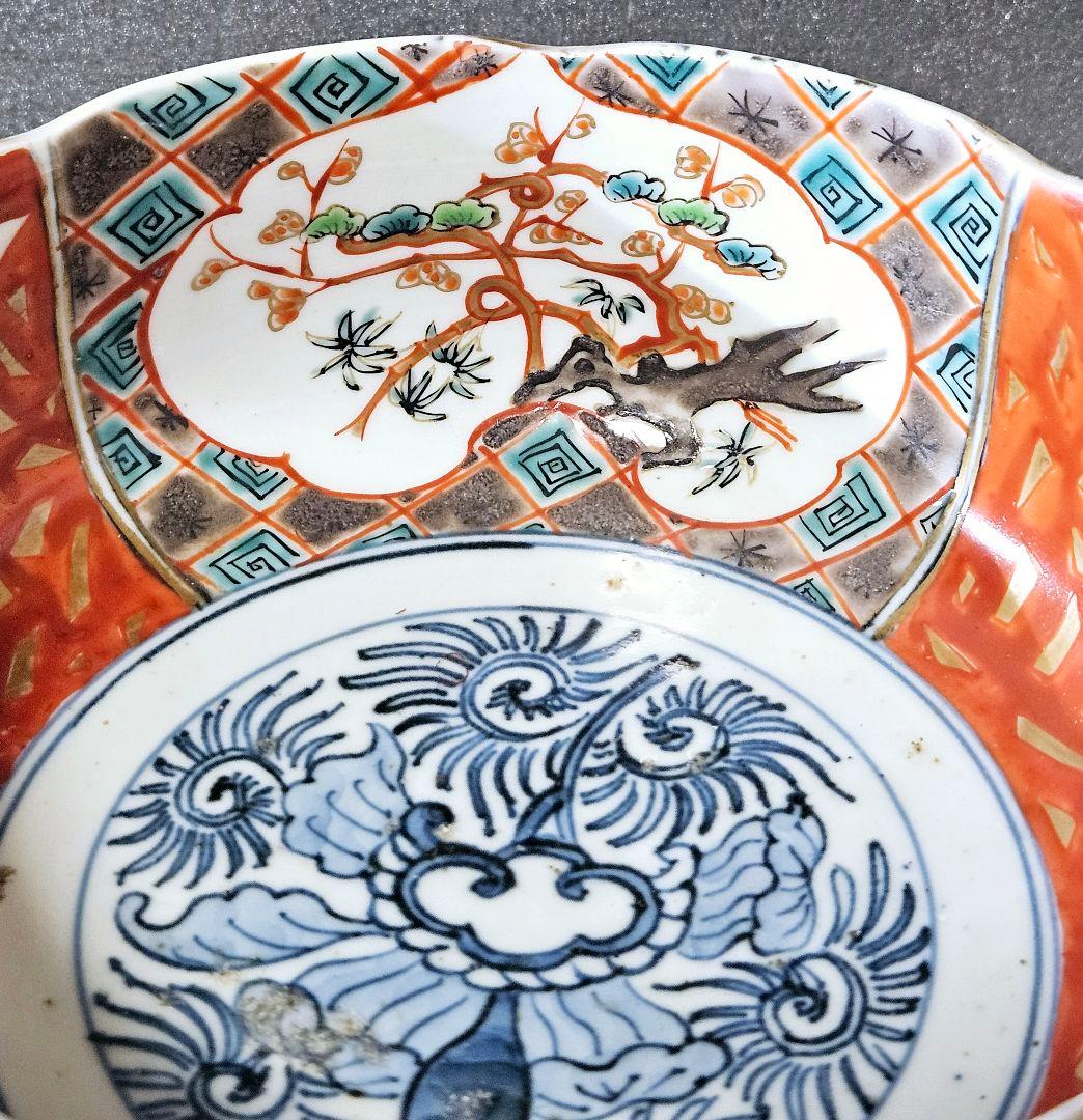 江戸時代末期〜明治時代初期　染錦　松竹梅に花籠に鳥の図　鉢　菓子鉢　16.2cm