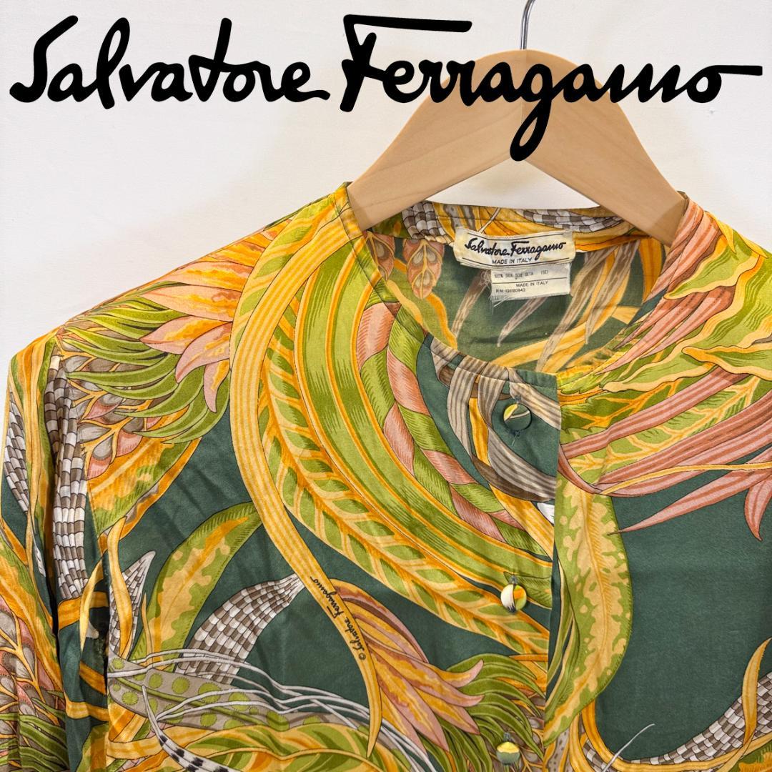 Salvatore Ferragamo シルク 総柄 シャツ 44 フェラガモ
