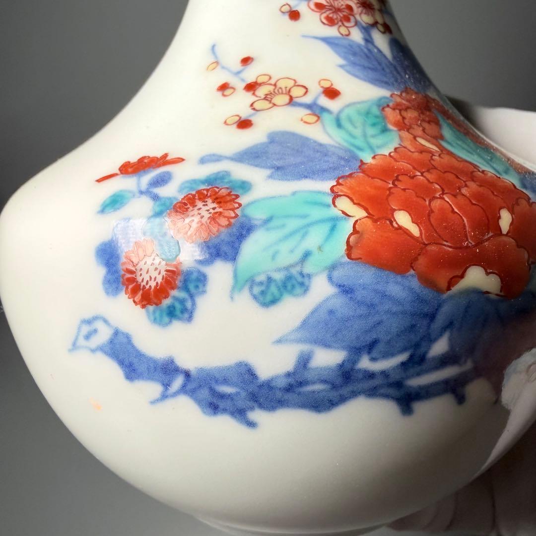 国重要無形文化財　十二代　今泉今右衛門　錦牡丹絵花瓶　共箱　栞　高さ17.5cm