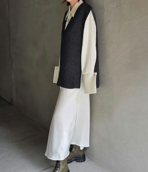 KNIT VEST SET SATIN DRESS　AMERI vintage