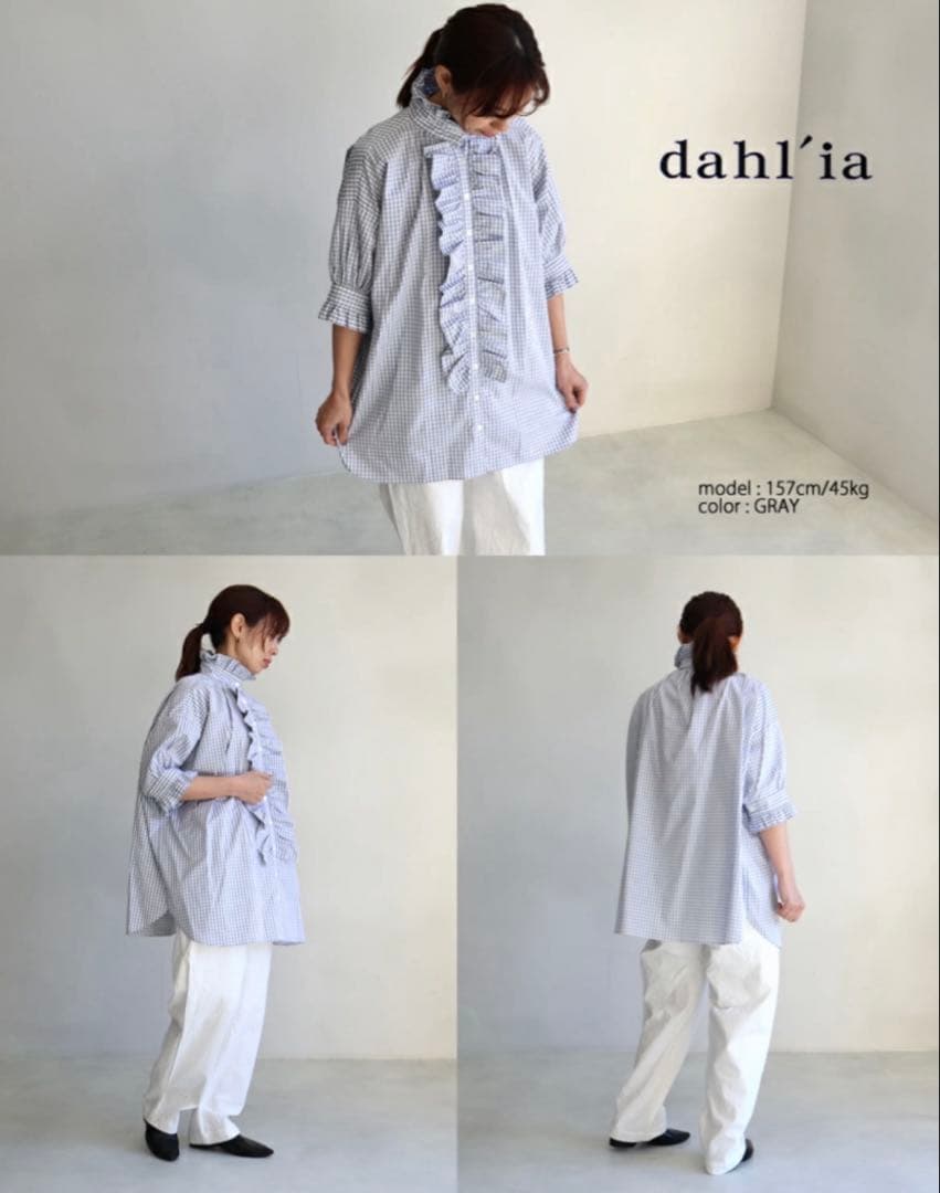 dahlia チェックフリル　ショートスリーブシャツ　ブラウス