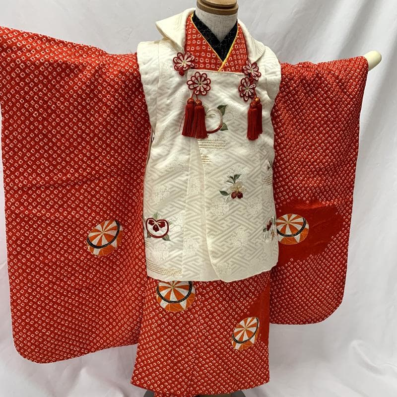 603ag15□七五三 三歳 女児 着物&被布 総絞り 刺繍 毬□状態良好