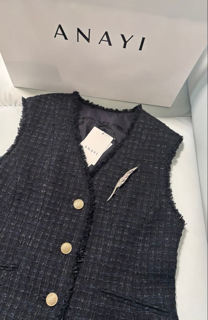ANAYI アナイ　新品　ミックスツイード　ジレ　カーディガン　ネイビー　38