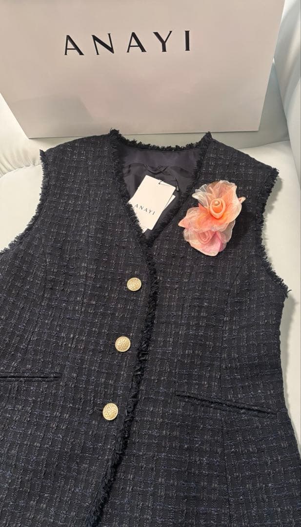 ANAYI アナイ　新品　ミックスツイード　ジレ　カーディガン　ネイビー　38