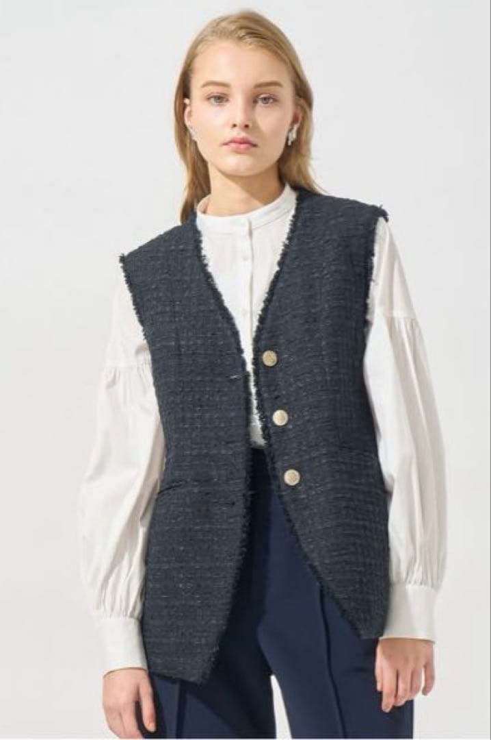 ANAYI アナイ　新品　ミックスツイード　ジレ　カーディガン　ネイビー　38