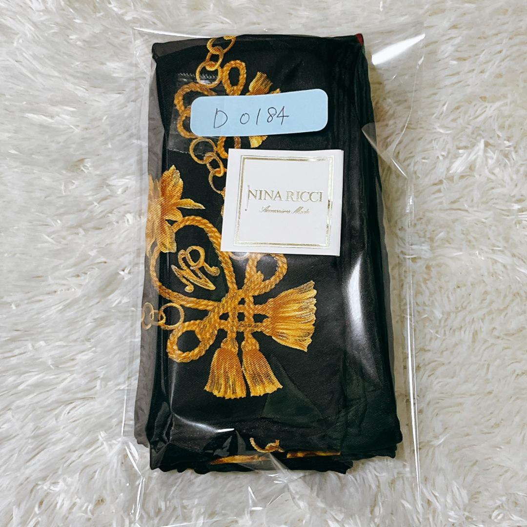 【新品】 ニナリッチ 大判スカーフ 花柄 チェーン 黒 ゴールド 光沢感　豪華