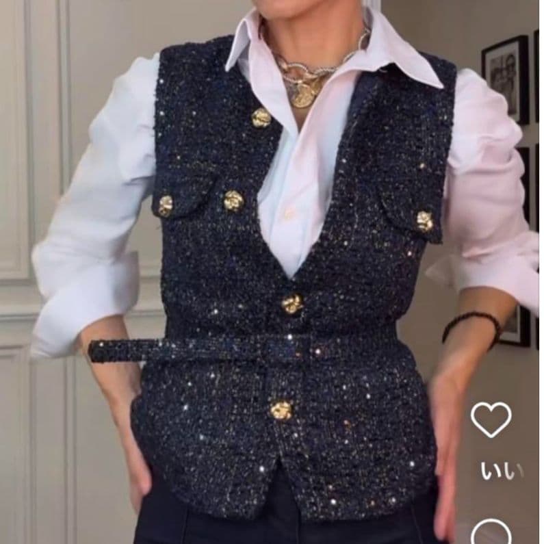 ☆新品☆ZARA ザラ ラメ ミックス ツイード インスタ 金ボタン ベスト M