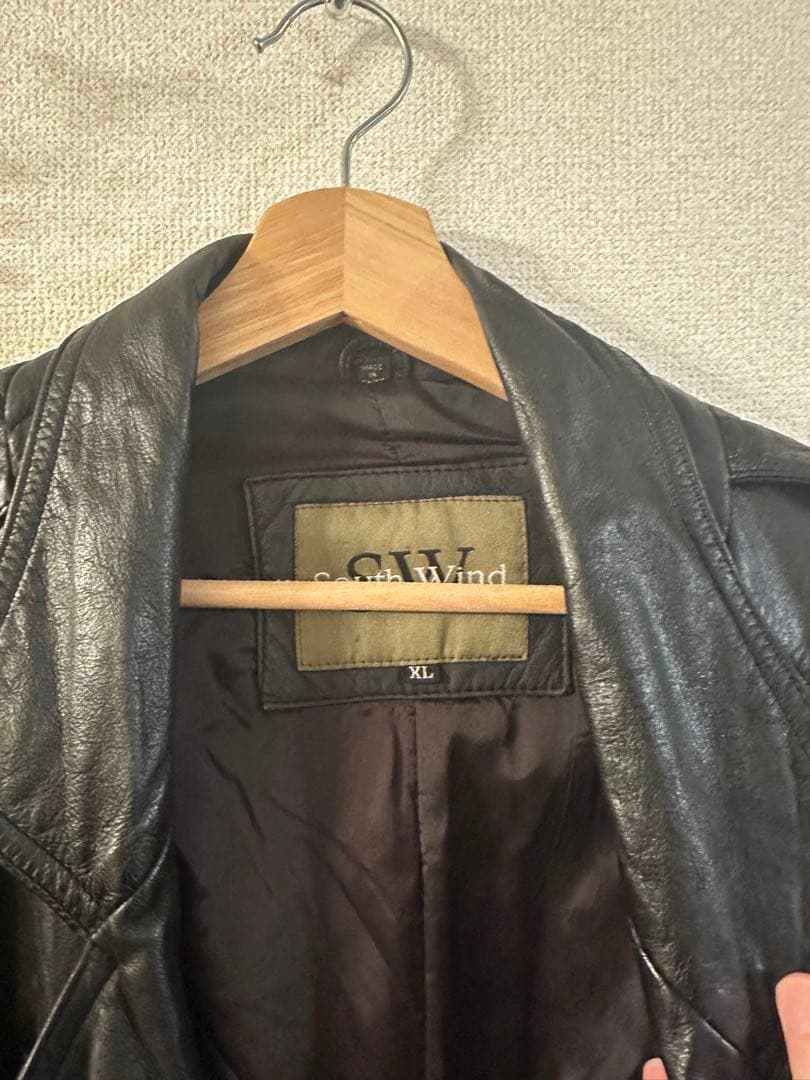 ブラック ロングレザートレンチコート XL
