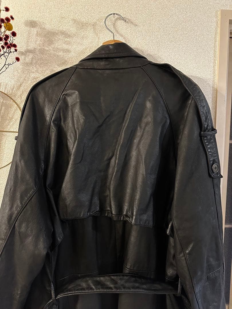 ブラック ロングレザートレンチコート XL