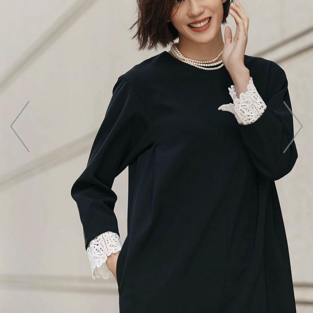 Demi-luxe Beams ダブルクロスレースカフスワンピース 紺