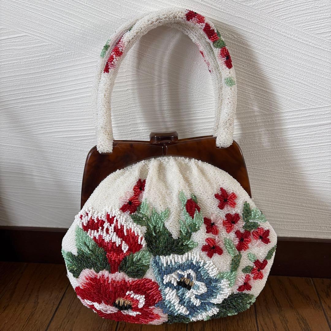 ビーズ刺繍 フラワーモチーフ 和装用バッグ