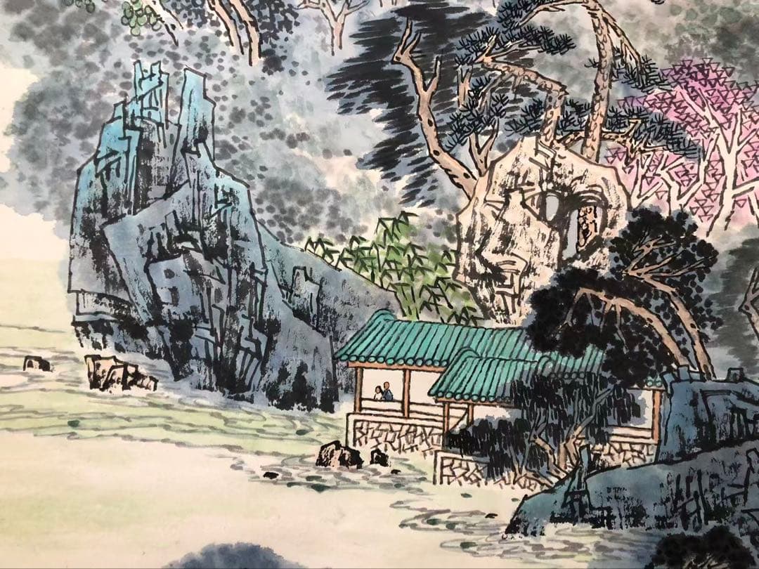 掛け軸　中国画 石英絵［山水図］紙本　肉筆　送料込み036！