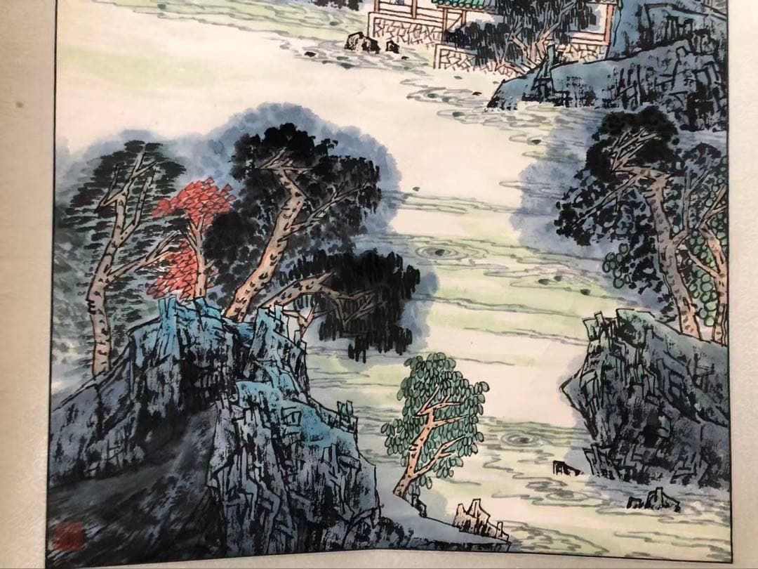 掛け軸　中国画 石英絵［山水図］紙本　肉筆　送料込み036！