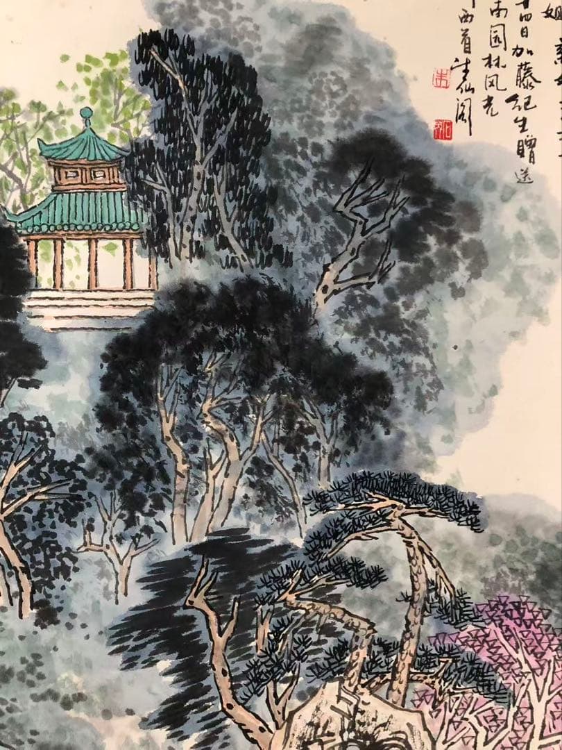掛け軸　中国画 石英絵［山水図］紙本　肉筆　送料込み036！