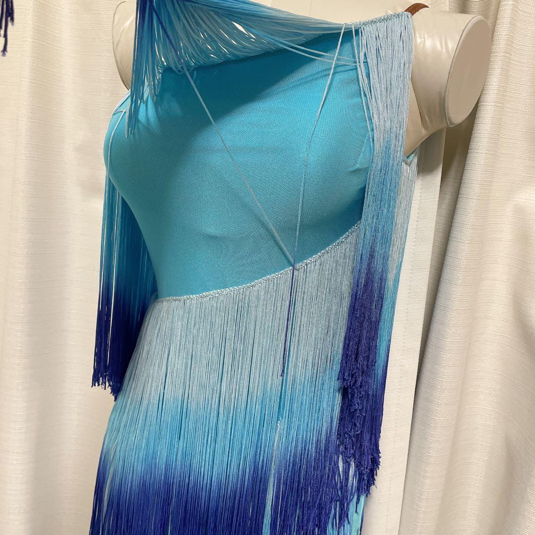 タカダンス ラテンドレス フリンジ ブルー 社交ダンスドレス 競技 デモ