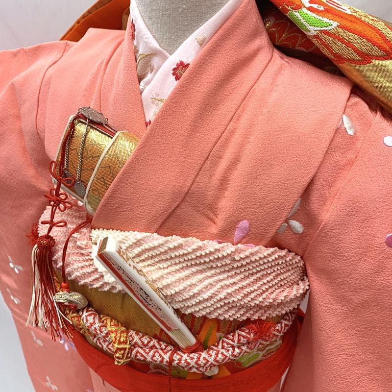 603ag10■七五三 七歳 女児 着物&袋帯&長襦袢 刺繍 蝶 ピンク■美品