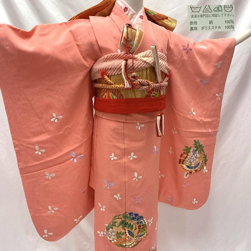 603ag10■七五三 七歳 女児 着物&袋帯&長襦袢 刺繍 蝶 ピンク■美品