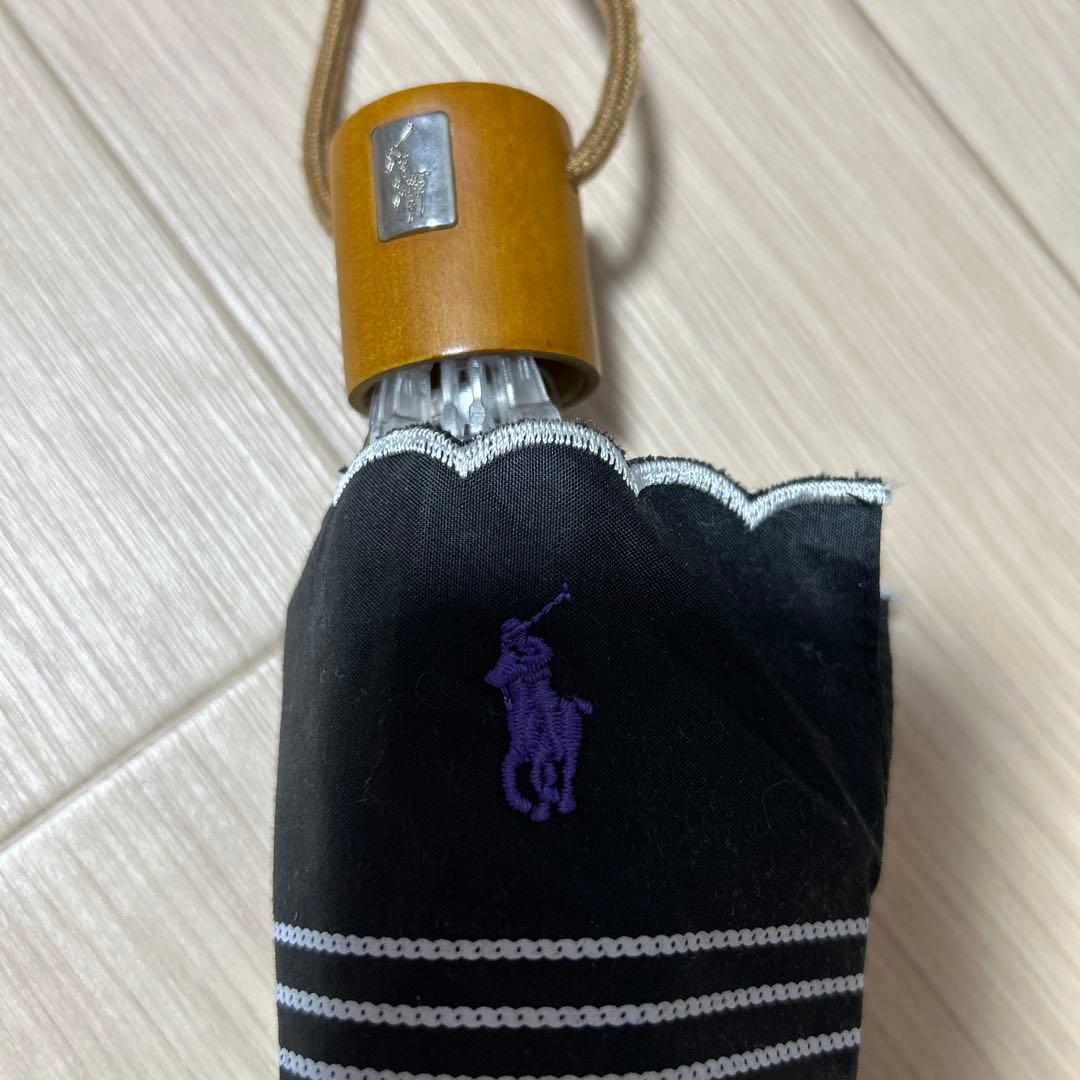 1回使用 美品 ポロ・ラルフローレン 折りたたみ傘 晴雨兼用 日傘 黒白ボーダー