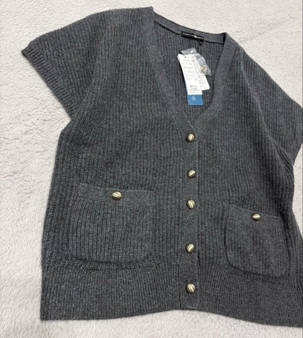 新品【高島屋】カシミヤ100% ニットベスト Vネック 金ボタン グレー LL